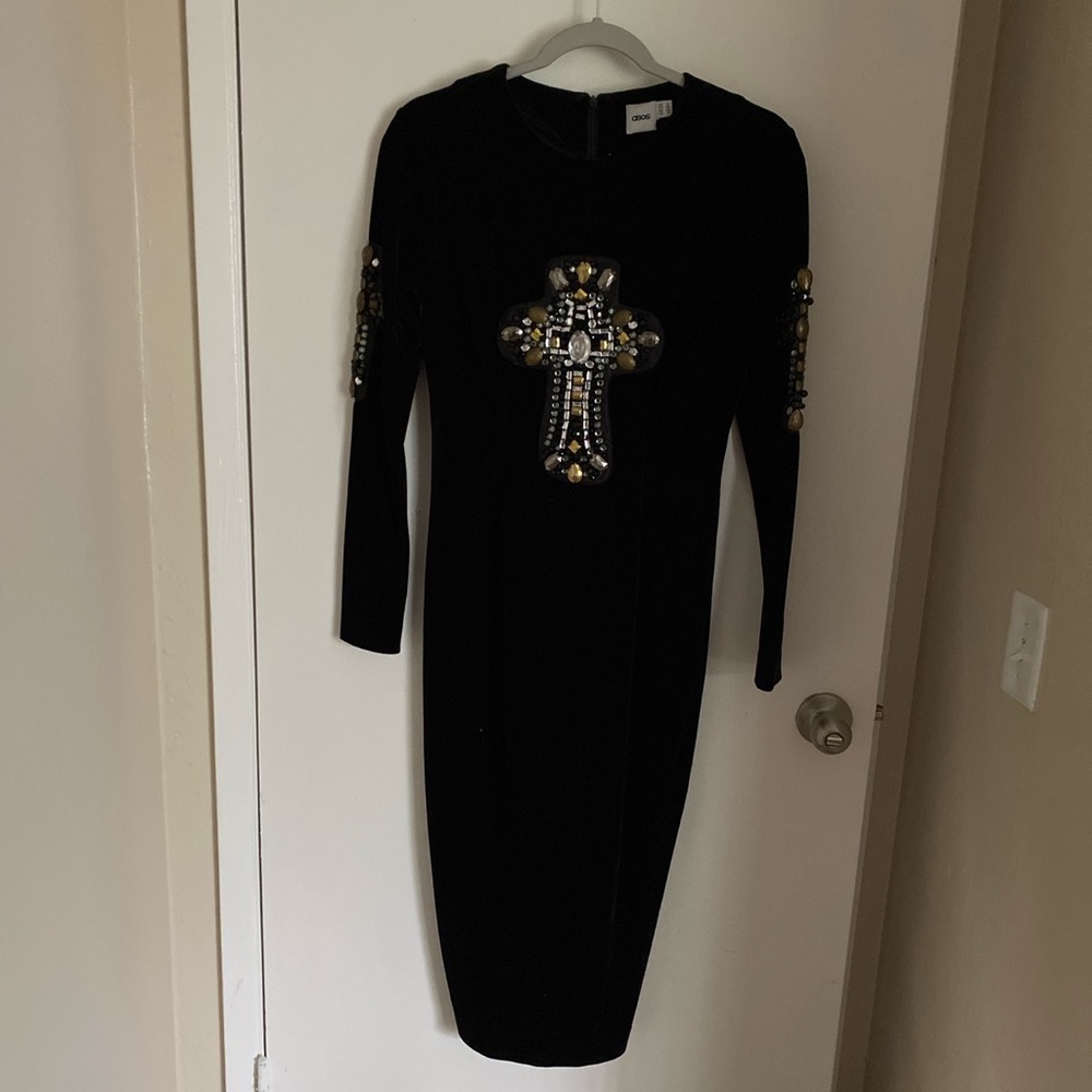 Black Velvet Gothic Cross Rhinestone MIDI Punk dress ASOS 8 Homecoming Formal